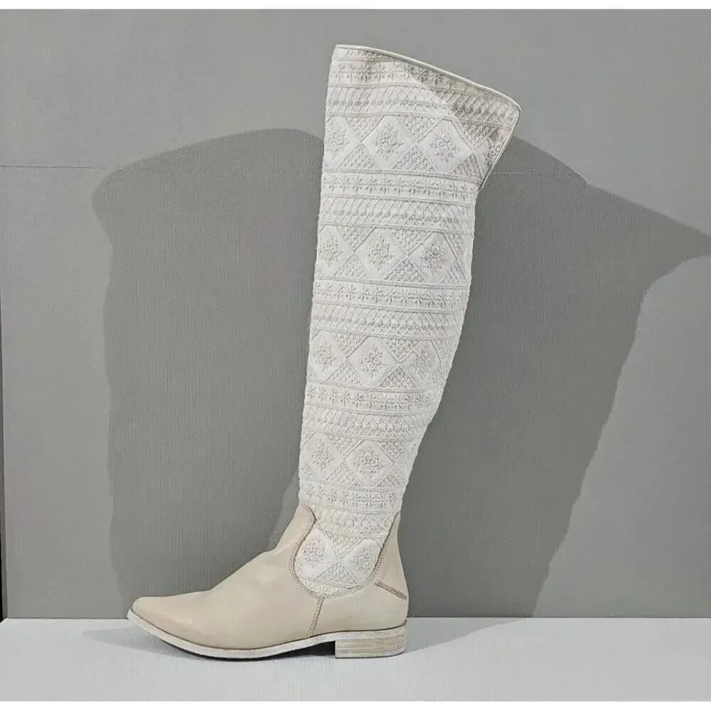 Free People Bren Knee High Boot Women EU 38.5 Cream Embroidered Boho Slouchy NEW